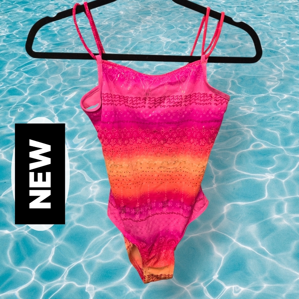 Bright Pink & Orange Shimmery One Piece Girls Swimsuit by Backflips (NWOT)